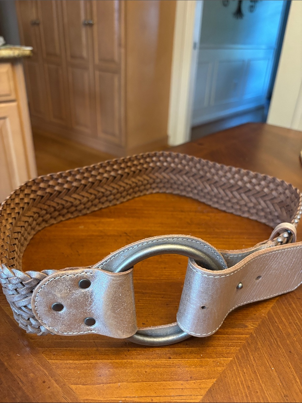 A|X Armani Exchange Braided Leather Belt Metallic Silver Gold